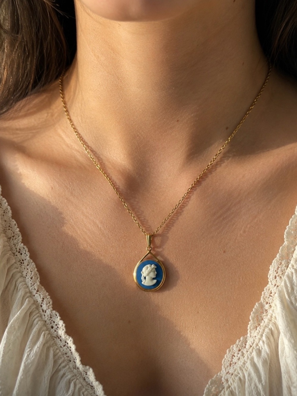 Authentic Wedgwood Gold Cameo Pendant Necklace with Blue Background